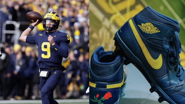 Michigan Wolverines quarterback J.J. McCarthy next to his navy Air Jordan cleats.